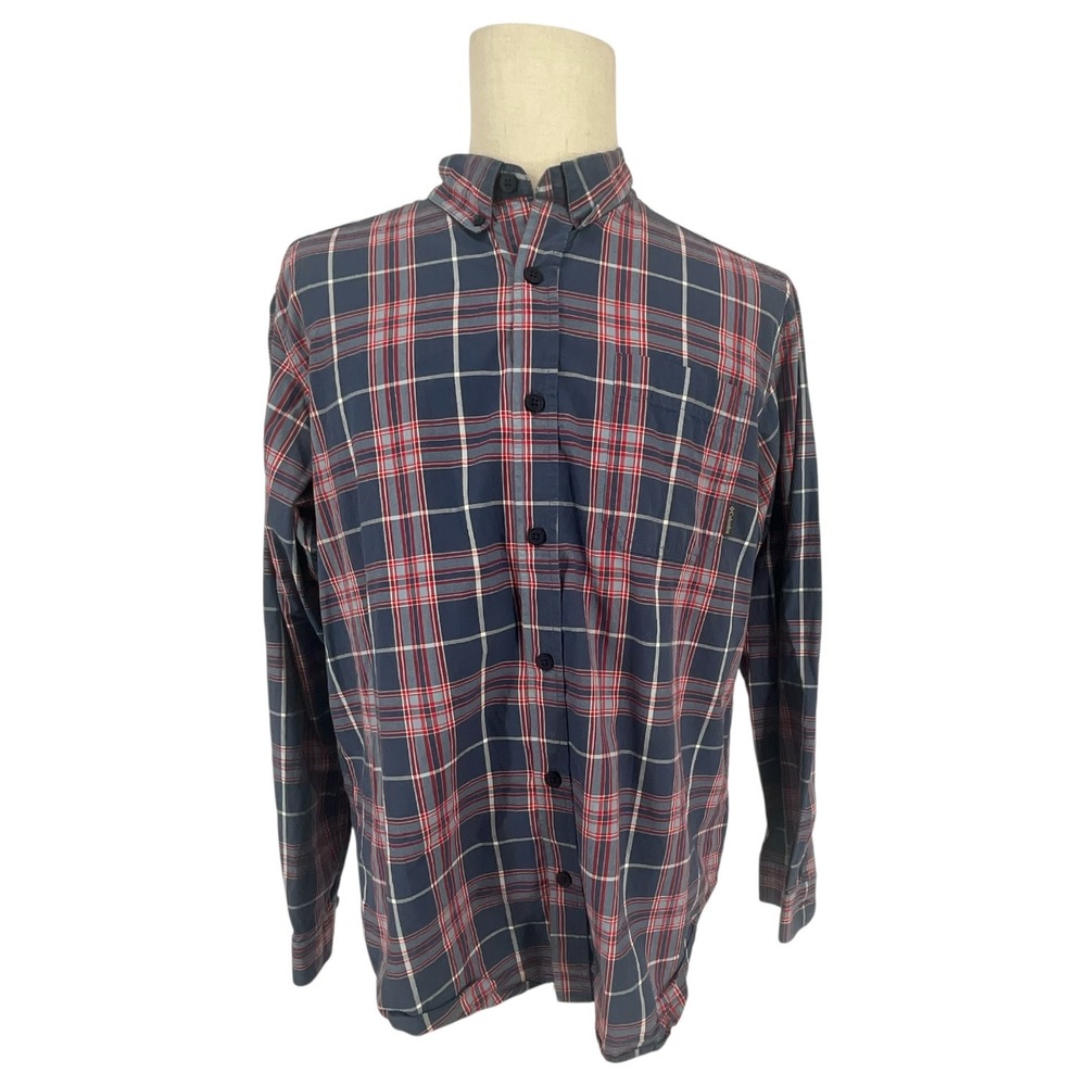 Columbia Mens L‎ Navy Blue Red Plaid Long Sleeve Button Down Cotton Shirt Casual